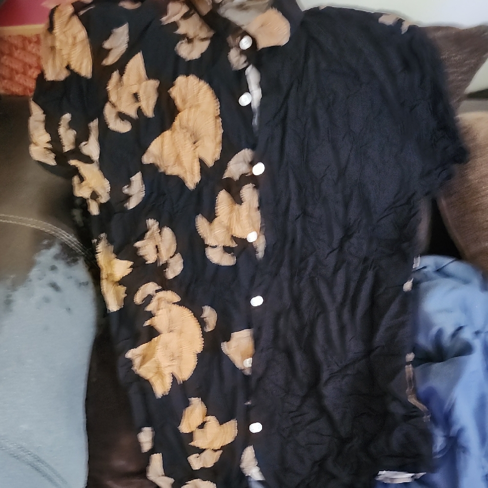 Men's Black Button-Down Casual Shirt with Tan Floral Print